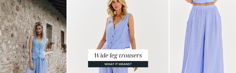 Woman in a light blue linen set with wide leg trousers, a summer look against stone architecture.