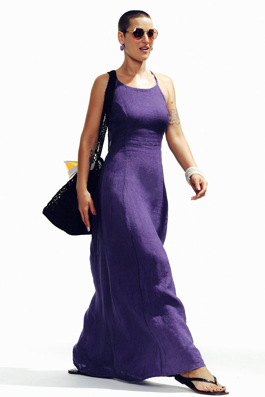 Grape Flare Long Linen Dress