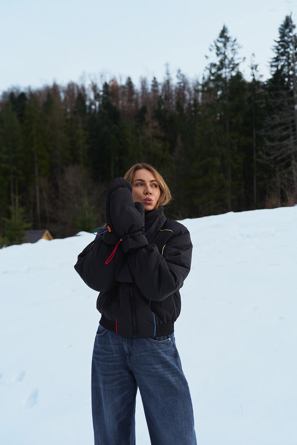 Retro-Ethno-Winterjacke mit Handschuhen