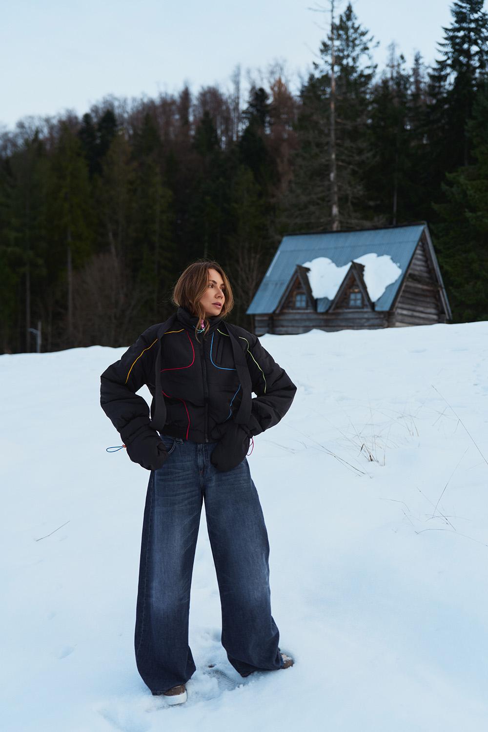 Retro-Ethno-Winterjacke mit Handschuhen