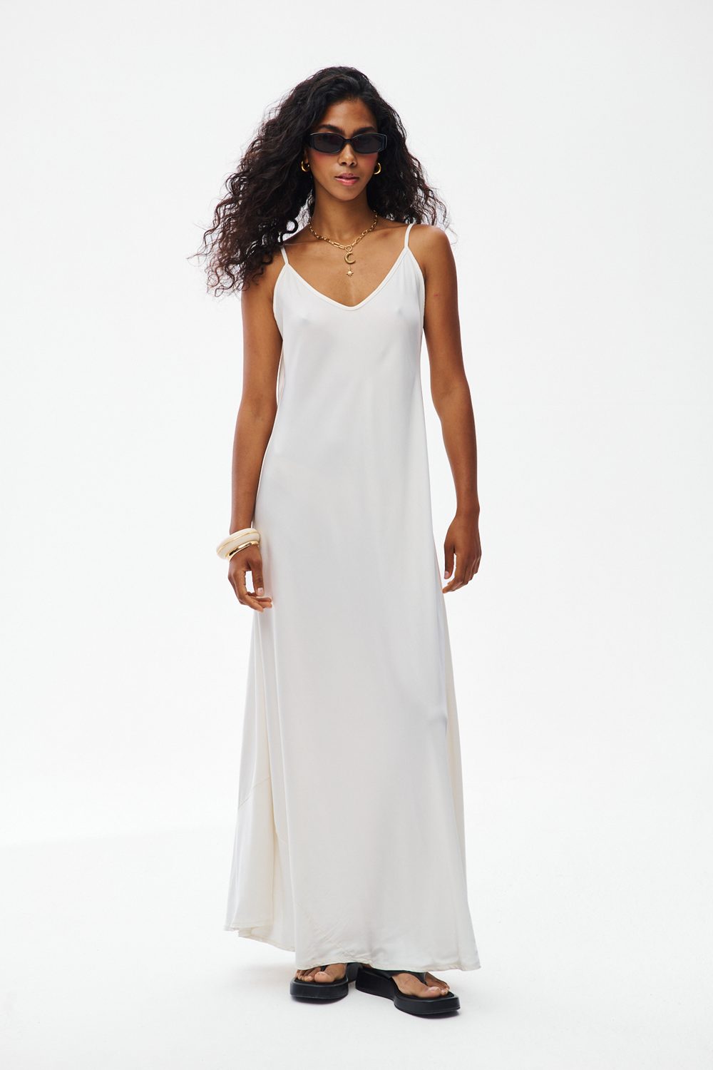 Liquid Cream Maxi Dress with Straps –