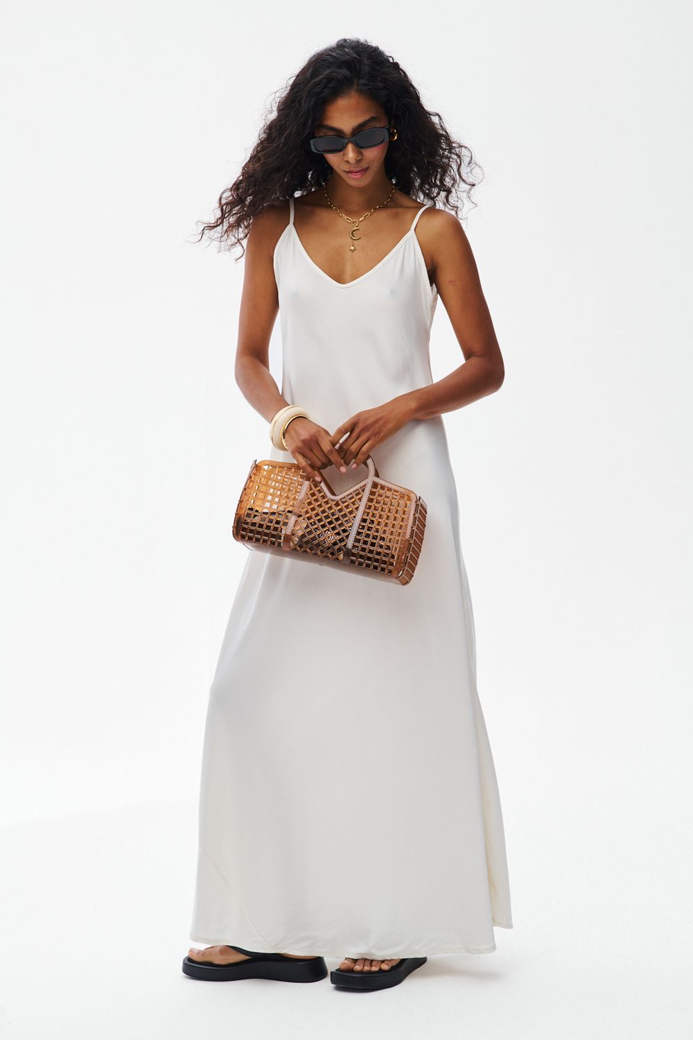 Liquid Cream Maxi Dress with Straps –