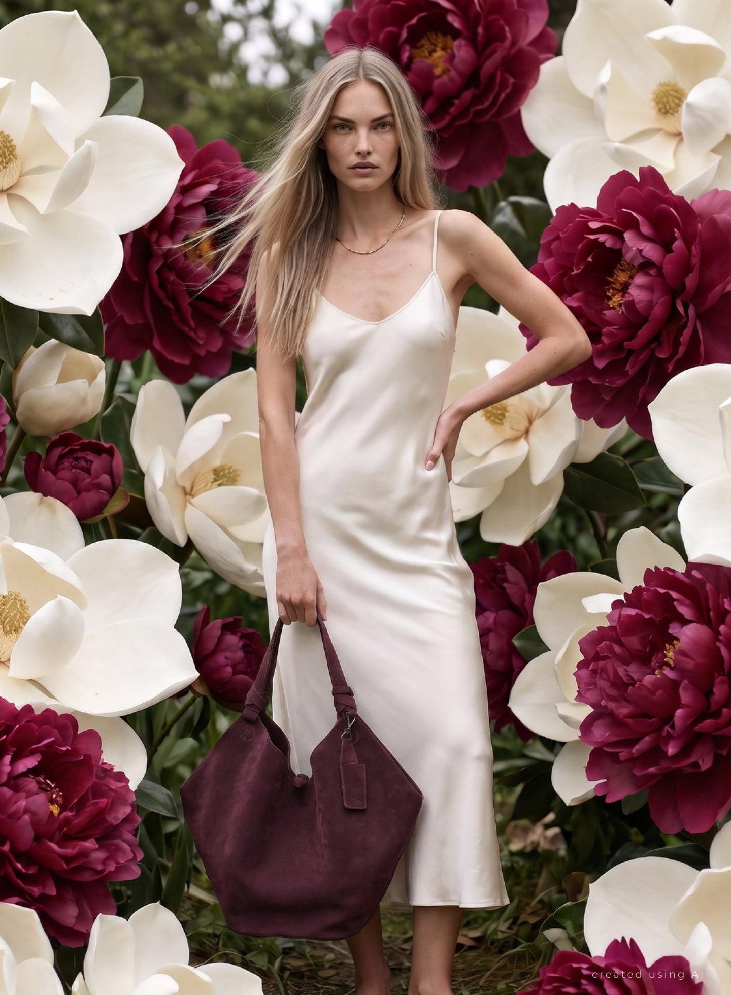Model among magnolias with a burgundy Naoko Bags tote