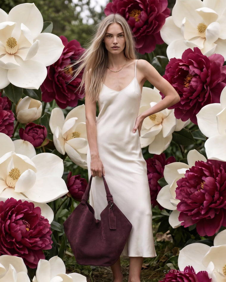 Model among magnolias with a burgundy Naoko Bags tote