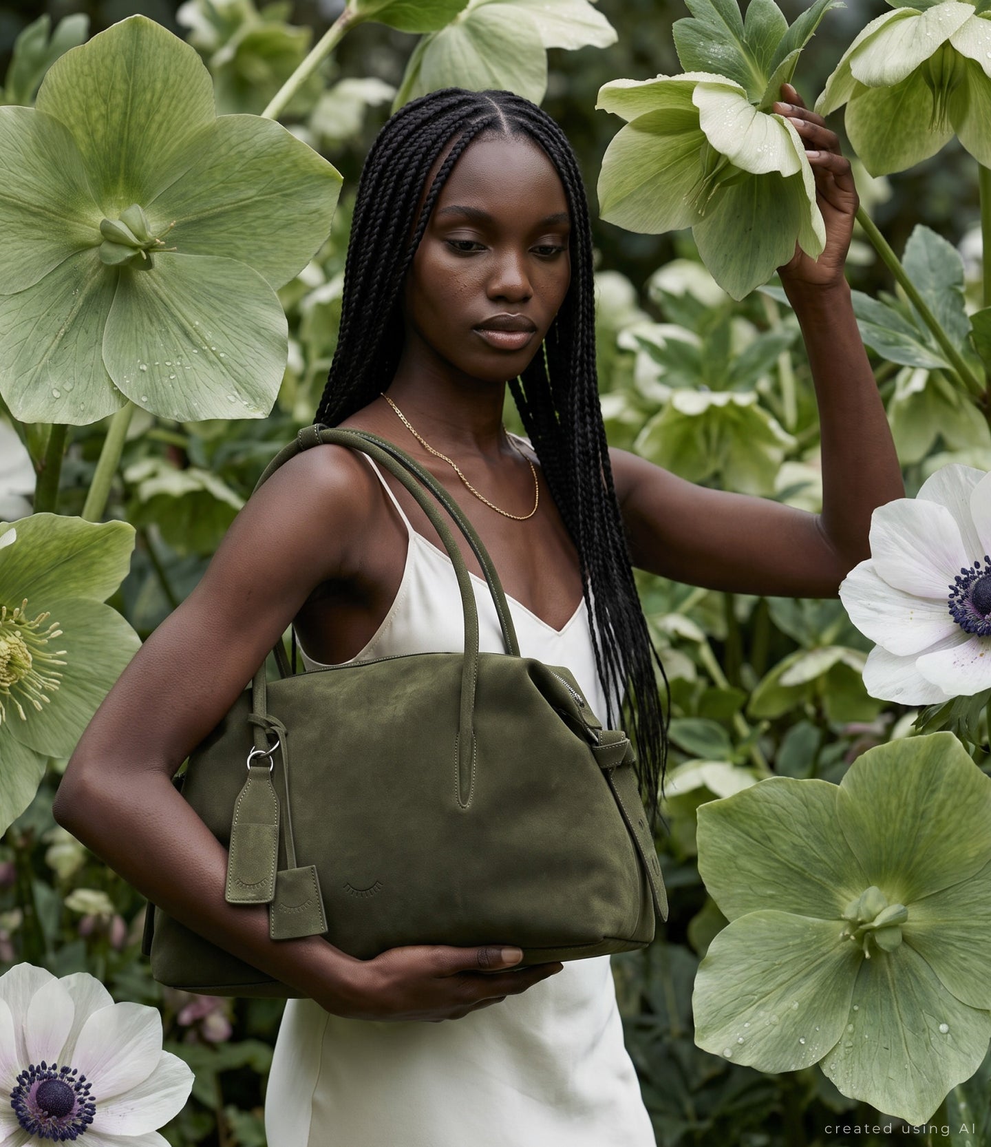 Model with an olive Naoko Bags bag among flowers
