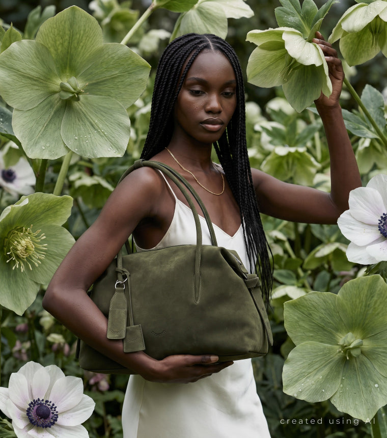 Model with an olive Naoko Bags bag among flowers