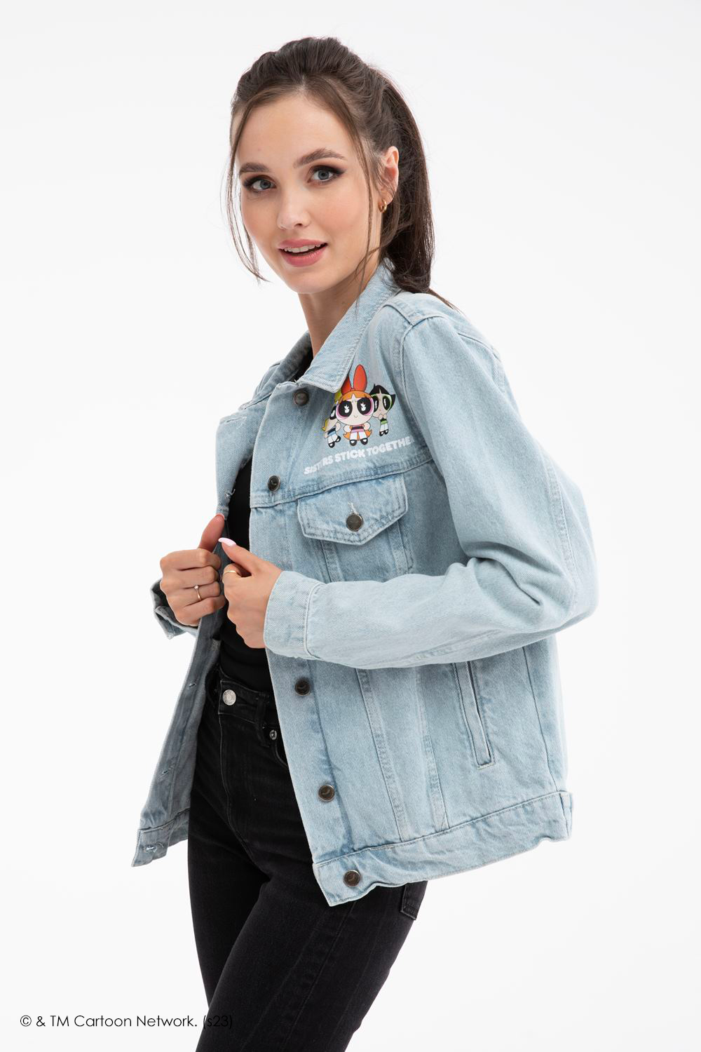 Women's Powerpuff Girls: Girl Power Blue Printed Denim Jacket